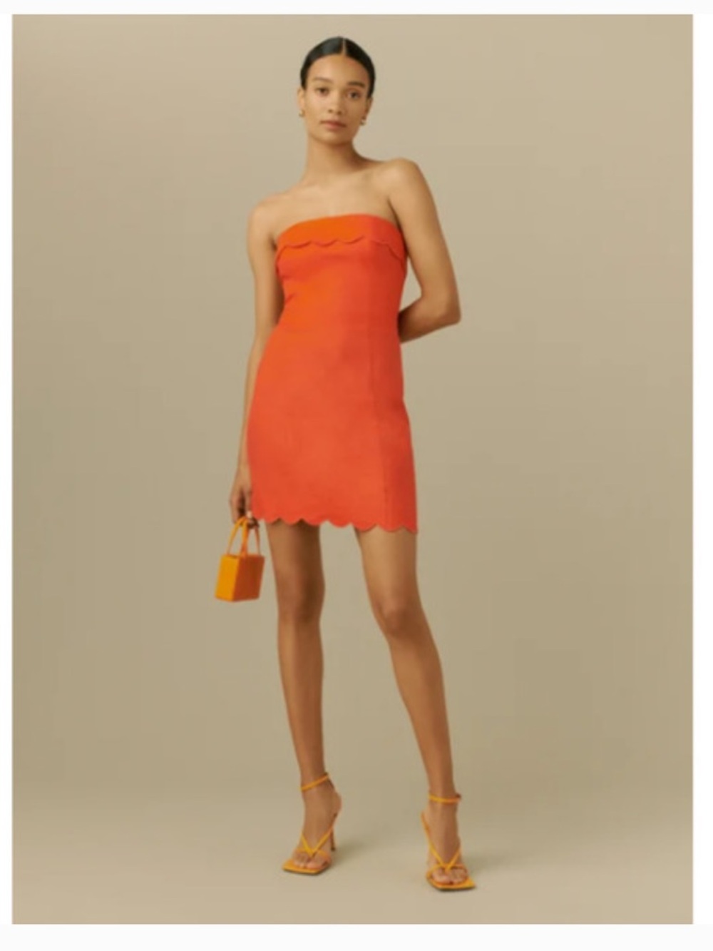 Reformation Orange Strapless Scallop-Hem Mini Dress